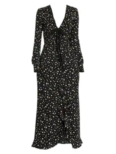 Shop Miu Miu Silk V-neck Star Printed Midi Dress In Black