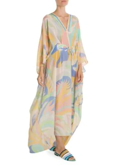 Shop Emilio Pucci Belted Cotton Silk Caftan In Yellow Pink