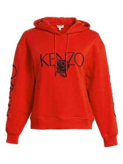 Shop Kenzo Embroidered Logo Rose Hoodie In Medium Red