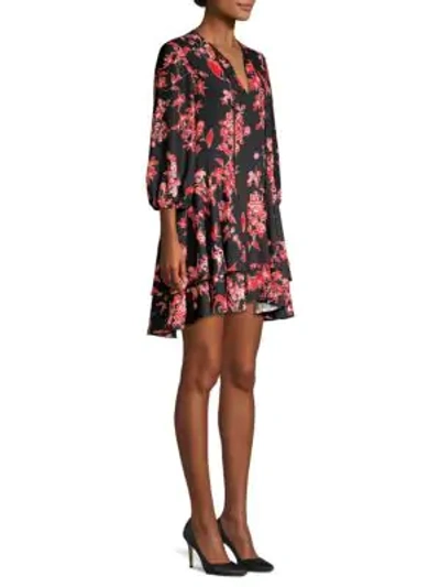 Shop Alice And Olivia Moore Blouson-sleeve Floral Dress In Vivid Black