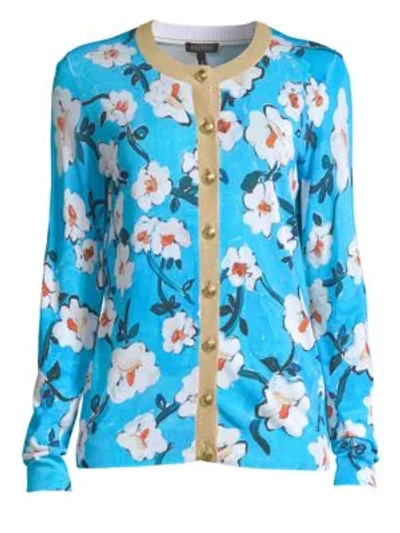 Shop Escada Siemara Lurex Trim Floral Cardigan In Blue