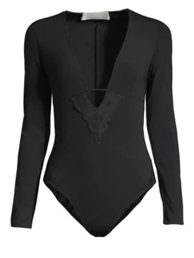 Shop Fleur Du Mal Chateau Lace Trim Bodysuit In Black