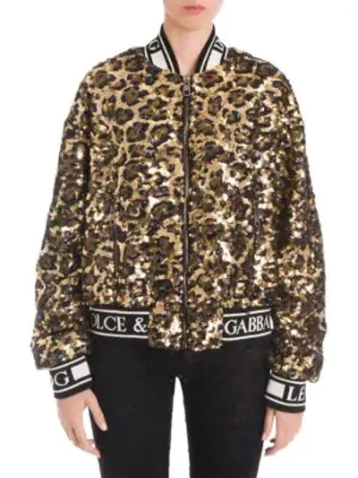 Shop Dolce & Gabbana Leopard Print Sequin Logo Trim Bomber In Ricamo Leo