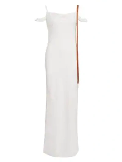 Shop Loewe Leather Strap Cold-shoulder Dress In White