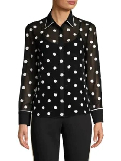 Shop Alice And Olivia Vina Embroidered Blouse In Black Off White