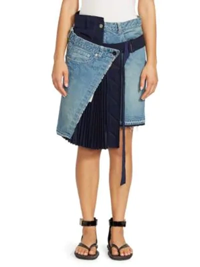 Shop Sacai Denim X Uncut Velvet Skirt In Navy