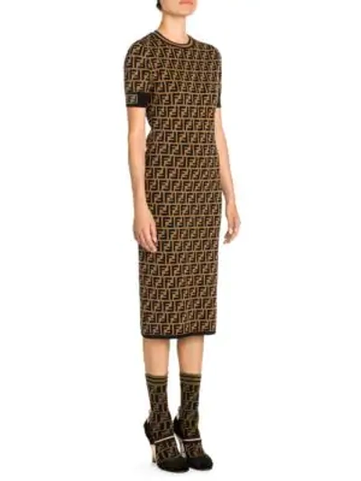 Shop Fendi Knit Allover Logo Midi Dress In Brown Black