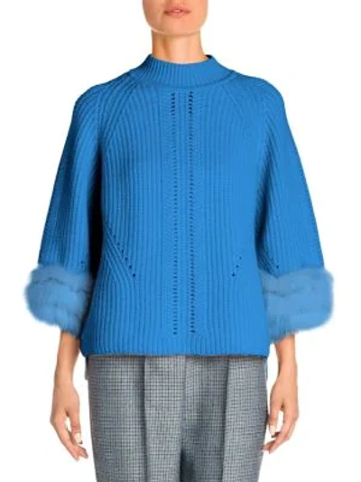 Shop Fendi Fox Fur-trim Cashmere Sweater In Antigua Blue