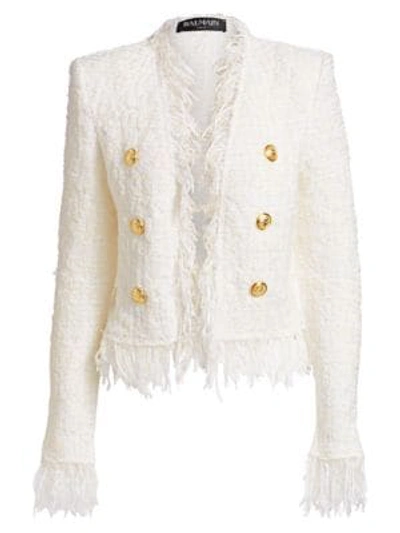 Shop Balmain Women's Short Fringe Tweed Jacket In White