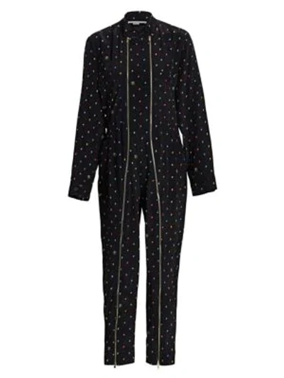 Shop Stella Mccartney Alma Silk Ditsy Print Zipper-front Jumpsuit In Navy