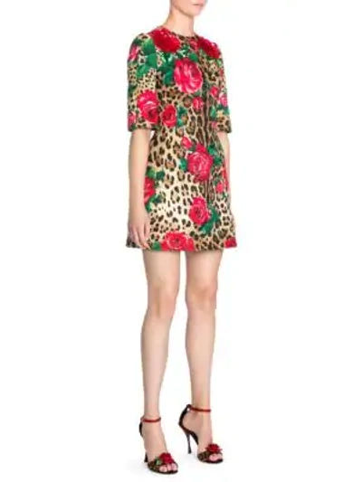 Shop Dolce & Gabbana Brocade Short Sleeve Embellished Dress In Roses On Leo