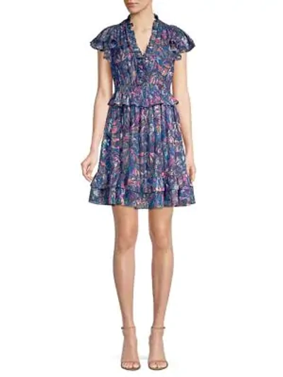 Shop Rebecca Taylor Flutter Sleeve Leaf Print Mini Dress In Amethyst Combo