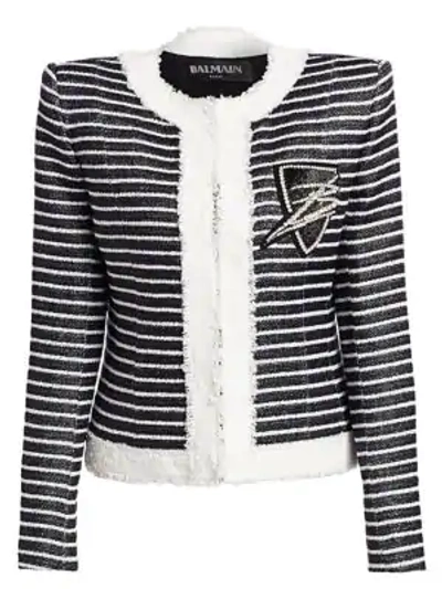 Shop Balmain Collarless Striped Jacket In Black White