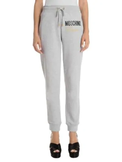 Shop Moschino Drawstring Logo Track Pants In Grey Multi