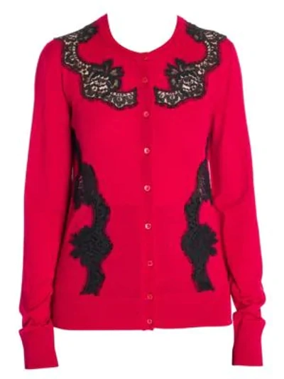 Shop Dolce & Gabbana Lace Inset Cardigan In Dark Red