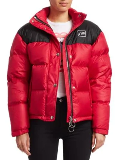 Shop Re/done Cropped Nylon Puffer Jacket In Red Black
