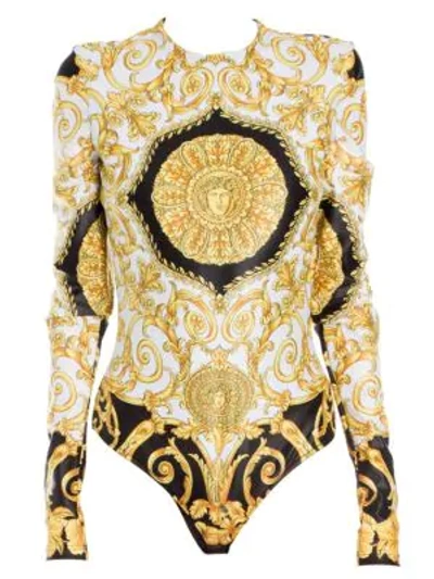 Shop Versace Long Sleeve Hibiscus Bodysuit In Black Gold