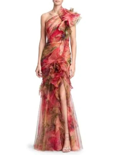 Shop Marchesa One-shoulder Silk Organza Gown In Coral Print