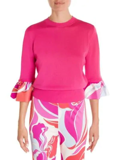 Shop Emilio Pucci Silk Twill Ruffle Knit Sweater In Pink