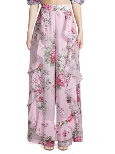 Shop Alice Mccall Secret Garden Ruffled Silk-blend Wide-leg Pants In Lilac