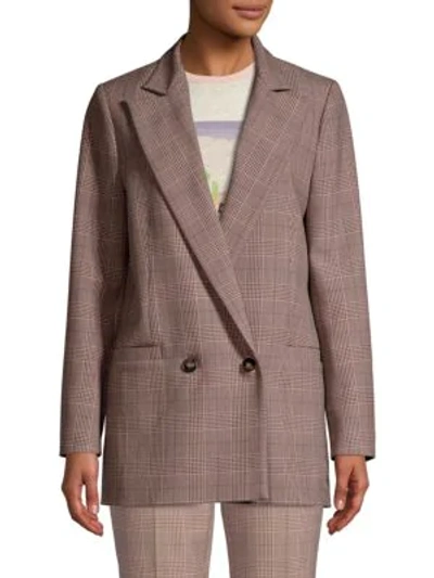 Shop Ganni Suiting Plaid Double-breasted Blazer In Silver Pink