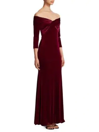 Shop Theia Off-the-shoulder Velvet Gown In Garnet