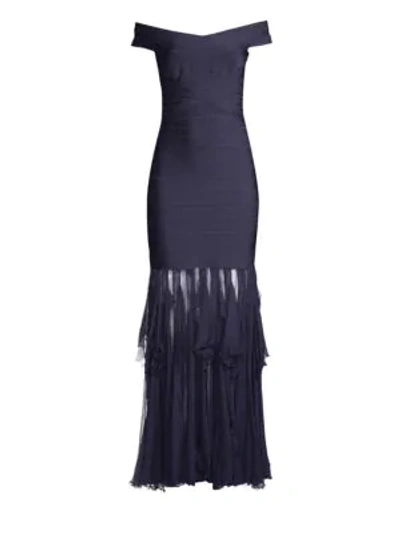 Shop Herve Leger Off-the-shoulder Bandage Ruffle Gown In Pacific Blue