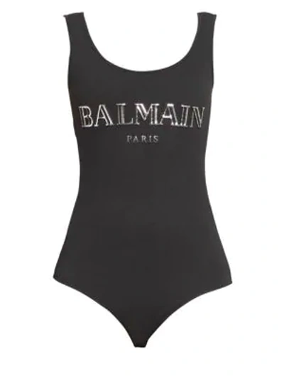 Shop Balmain Women's Slim Strap Logo Bodysuit In Black