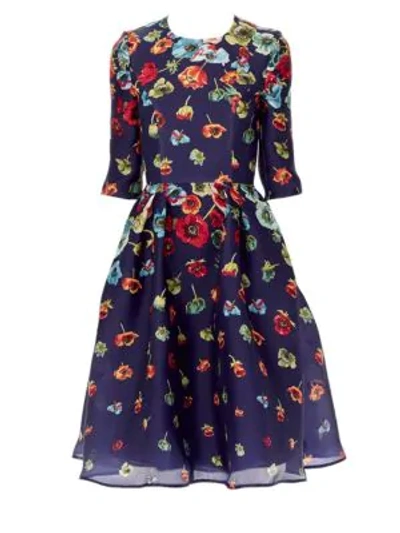 Shop Carolina Herrera Silk Floral Fit-&-flare Dress In Midnight Multi