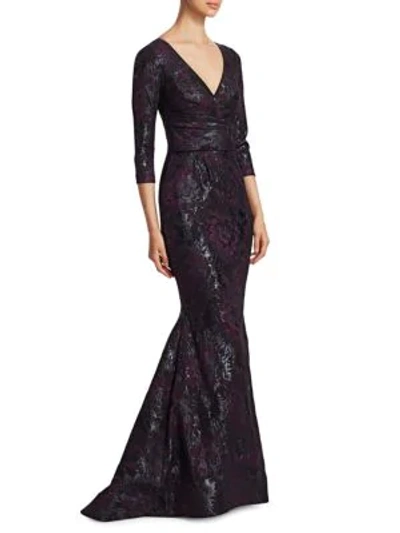 Shop Theia Jacquard Mermaid Dress In Black Burgundy