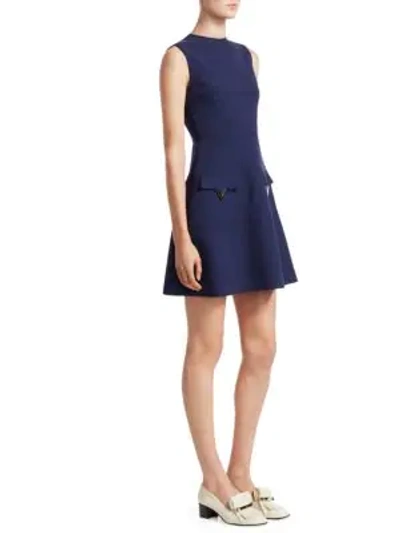 Shop Valentino Wool V-logo Pocket Front Dress In Navy