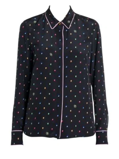 Shop Stella Mccartney Ditsy Printed Silk Piped Blouse In Navy