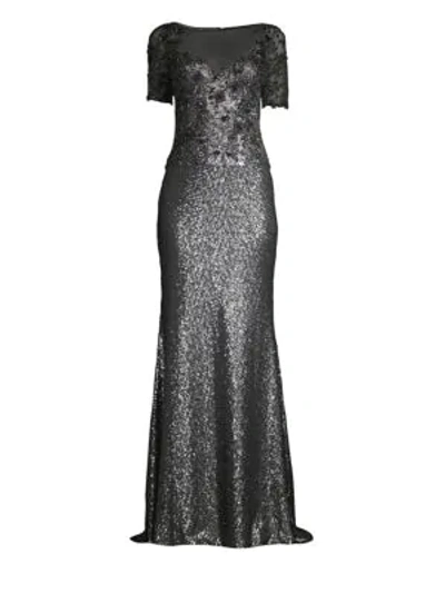 Shop Basix Black Label Embellished Sequin Illusion Neckline Gown In Charcoal