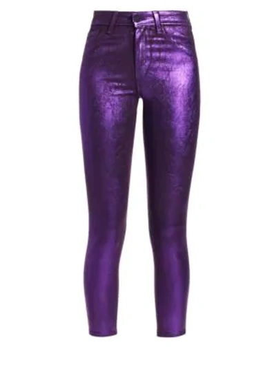 Shop L Agence Margot High-rise Foiled Ankle Skinny Jeans In Purple Crackle