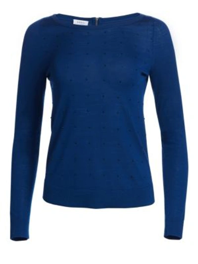 Shop Akris Punto Studded Wool Crewneck Sweater In Blu Mare