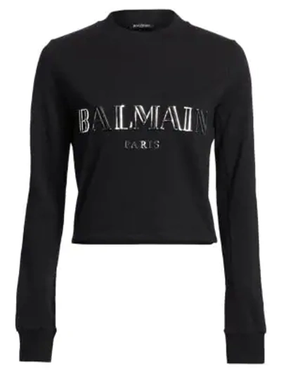 Shop Balmain Long-sleeve Logo Crop Top In Black