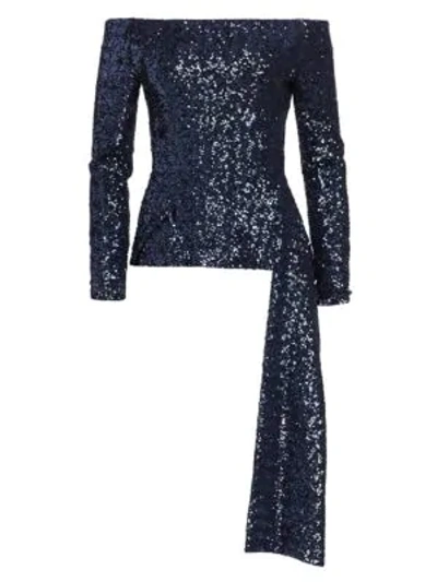 Shop Roland Mouret Endfield Sequin Asymmetric Peplum Top In Navy