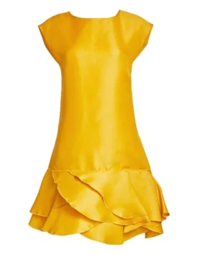 Shop Oscar De La Renta Silk Cap-sleeve Flounce Hem In Ochre