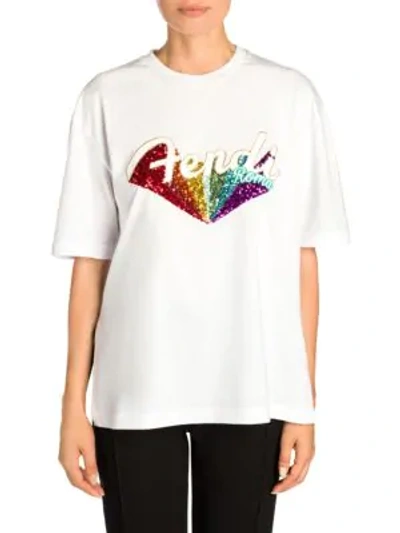Shop Fendi Rainbow Logo Sequin T-shirt In White