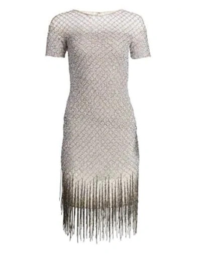 Shop Pamella Roland Sequin Fringe Hem Sheath Dress In Silver Multi