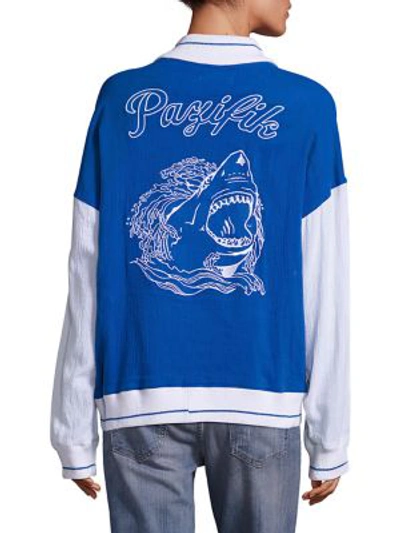 Shop Koza Colorblock Shark Varsity Cotton Jacket In Blue