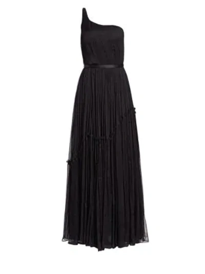 Shop Stella Mccartney Plisse Chiffon One-shoulder A-line Gown In Black