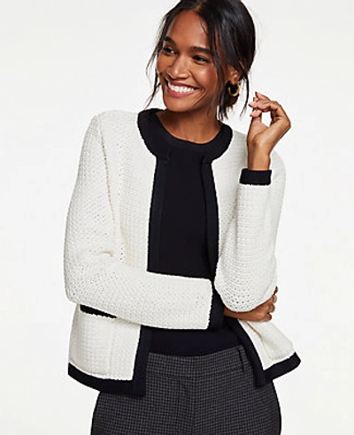 Shop Ann Taylor Shimmer Pocket Sweater Jacket In Winter White