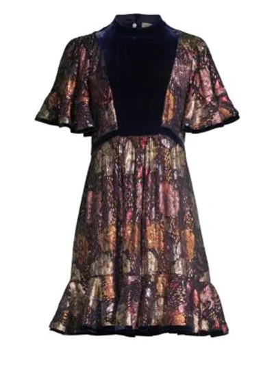 Shop Rebecca Taylor Floral Silk Velvet Dress In Shadow Combo