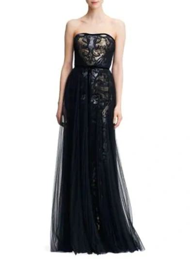 Shop Marchesa Notte Strapless Tulle & Sequin Gown In Black Gold