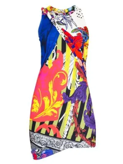 Shop Versace Sleeveless Printed Jersey Mini Dress In Multi