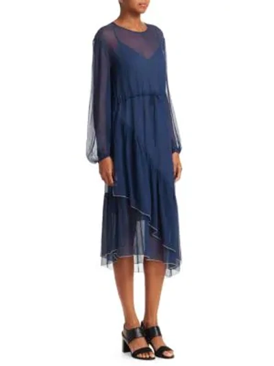 Shop See By Chloé Asymmetric Sheer Silk Midi Dress In Obscure Blue