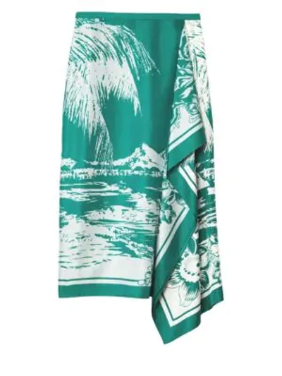 Shop Tibi Lelani Tropical-print Silk Ruffled Skirt In Teal Green