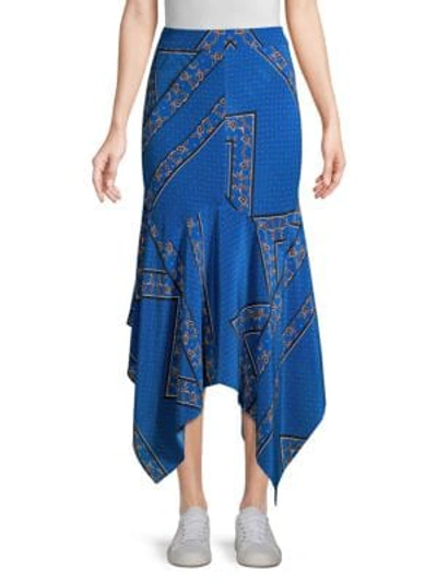 Shop Ganni Sandwashed Silk Handkerchief Hem Skirt In Lapis Blue