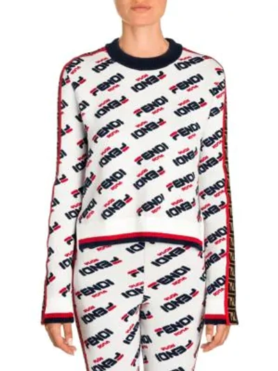 Shop Fendi Mania Logo Stripe Knit Sweater In White Logo